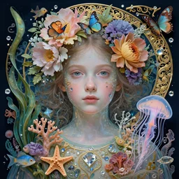hyperrealistic detailed portrait of a glass young girl, with flowers, butterflies, corals, sea kelp, sea plants, fish, starfish, jellyfish, diamonds, filaments, golden filigree, neon lights, art by ernst haeckel, john william godward, hammershøi, alphons mucha, pontormo, ornamental, decorative, lights by hopper, pastel deep colours