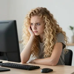 girl with super long blonde curly hair sitting at a computer, english background, anxious, self sabotage