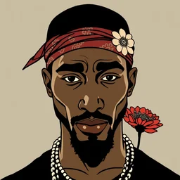 a stylized minimalist portrait of tupac with a bandana and a chrysanthemum. shin hanga and kawanabe kyosai and cory loftis and rossdraws and wlop and rossdraws and greg rutkowski weta studio, flat colors, thick black outlined, woodblock print