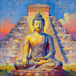 an amazing pictures of a buddha meditating in front of a large mythical pyramid painted by claude monet, high detail, 4 k resolution, strong and vibrant colors, impato oil painting, consciousness