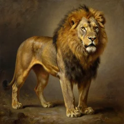 backlight on muscular lion as barbarian hunter full body ,human legs ,very textured detailed oil painting by rembrandt