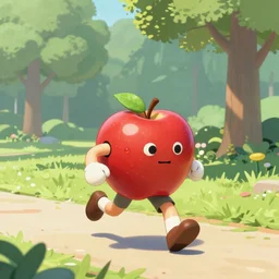 A humanoid apple running in a park, digital painting, in the style of Pixar