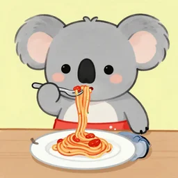 a painting of a koala in underwear eating spaghetti in kawaii art style