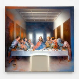spray paint canvasat the contemporary art exhibition, multilayer last supper johannes itten and hiroshi nagai colors, wonderful gradient from warm to cold tones, pattern of escher style 3 6 0 panorama with hieronymus bosch style bubbles, contrast of light and shadows, unfinished, very detailed, digital 4 k image