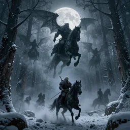 the wild hunt, otherworldly spectres riding in the sky, wraiths of morhogg, bad omen, enchanted forest, blizzard storm, fog, full moon, snowy environment, in the style of the witcher series, hyperrealism, atmospheric, cinematic, breathtaking, award winning, groundbreaking, octane render, unreal 5, intricate digital art, sharp focus, 8 k high resolution