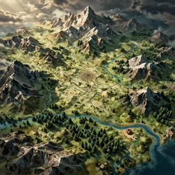 detailed fantasy map with mountains rivers and forests tolkinesque style
