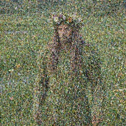 a portrait of the king of nature with long hairs and his body made of grass and sticks and a crown made of flowers, a pond with grass and flowers flying around in the background, art by James Jean and Wayne Barlowe, high detail, cinematic, cgsociety 8k