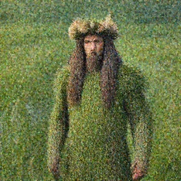 a portrait of the king of nature with long hairs and his body made of grass and sticks and a crown made of flowers, a pond with grass and flowers flying around in the background, art by James Jean and Wayne Barlowe, high detail, cinematic, cgsociety 8k