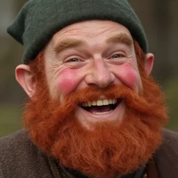 closeup portrait of a dwarven bard, happy, laughing, rosy cheeks, red beard, freckles, art by artgerm