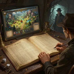 Book of rules to rpg game, gm screen and dices lies on table, detecitve, arham horror art by John Pacer, digital painting, artstation, concept art, smooth, sharp focus, illustration