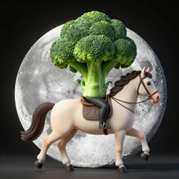 a broccoli riding a horse on moon, detailed, hyper realistic, 4 k octan render, unreal 5