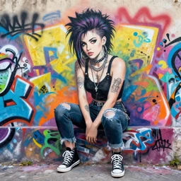 punk girl sitting on extreme graffiti tag mural maximalism by atey ghailan, by greg rutkowski, by joe fenton, yellow, brown, black and cyan color scheme, octane render