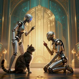 a cyborg arguing with a cat, Art Deco, Trending artstation, octane render, cgsociety, surrealist, cinematic, horizon forbidden west