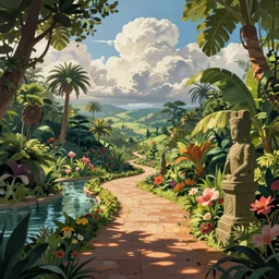 jungle park landscape scene, serene, peaceful, paths, water on one side, exotic flowers, stone statues, beautiful clouds, plantlife, dappled sunlight, rolling expanse, by james gurney, beth sobel, cell shaded