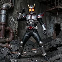 character portrait of a high fantasy kamen rider gunslinger standing in an abandoned coal mine doing a henshin pose, glowing eyes in helmet, glowing eyes, demon and dragon inspired armor, broken pipes, muted colors, tense atmosphere, good value control, matte painting, sharp focus, 8 k, rubber suit, pvc armor, dramatic lighting, frank frazetta
