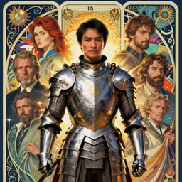 portrait of zhang ziyi in armour, by eve ventrue, michael carson, andreas rochas, john watkiss, casey weldon, artgerm. art nouveau. tarot card by mucha. gloomhaven. swirly intricate linework background. gaudy colors, sharp edges. octane render