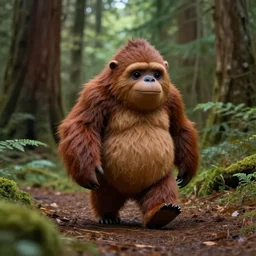 cute sasquatch walking in a redwood forest