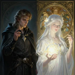 a handsome young wizard confused about his decision between dark and light magic, volumetric lighting,  D&D, fantasy, intricate, cinematic lighting, highly detailed, digital painting, artstation, concept art, smooth, sharp focus, illustration, art by Artgerm and Greg Rutkowski and Alphonse Mucha