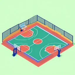 isometric pixel art illustration of a basketball court