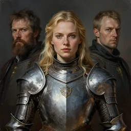 masterpiece head-on symmetrical centered painted portrait, Imogen Poots as a paladin, blonde hair, plate armour, in the style of Kuvshinov ilva, Repin, Craig Mullins, trending on ArtStation, dark fantasy, concept art, highly detailed, 8K, official fanart behance hd