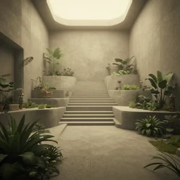 screenshot of game on unreal engine 5, in a liminal underground garden, photorealistic, retrofuturism, brutalism, staggered terraces, minimalist, soft vintage glow
