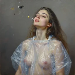 fine art portrait oil painting of a beautiful woman with long hair wearing a plastic garbage bag for clothes with garbage flying into her face, perspective, ultra detailed, elegant, intricate, dynamic lighting, hyperrealism, sharp focus, art by peter mohrbacher and stefan kostic and andrei riabovitchev