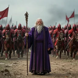 cinematic wide shot of a mysterious old man with a staff and purple robes standing defiantly in front of an enemy cavalry charge of warriors wearing red armor by Greg Rutkowski, 4k, masterpiece