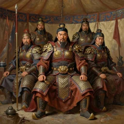 portrait of smart tai armored warlords sit in tai ancient war traditional tent, asian interior decoration, oil painting, fantasy, detailed and intricate environment