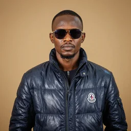 wet plate portrait, sudanese man in moncler jacket and sunglasses,