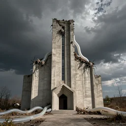 concrete church, melting, deserted, nest of spiders and plastic tubes