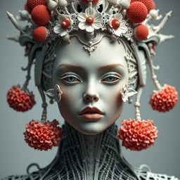 complex 3 d render hyper detailed ultra sharp beautiful futuristic close - up stunning biomechanical humanoid woman with carved porcelain ivory fair face, iris van herpen daisies corals cyberpunk filigree lace haute couture headdress with rhizomorph finials spires, brackets, fractal red puffballs, octane render, 8 k