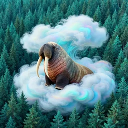 post - minimalism portrait of a detect woodland, bird's eye view, giant walrus unraveling iridescent clouds, vibrant cyan color scheme, highly detailed, in the style of romanticism, cinematic, artstation, moebius, greg rutkowski