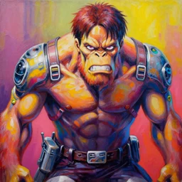 zeke's king kong like beast titan, from attack on titan, psychedelic vibrant colors, futuristic punk rock fashion, oil painting by michael whelan art, perfect face, sharp focus, detailed eyes, realistic, 8 k