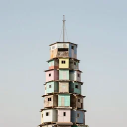 a tower made up of makeshift squatter shacks with pastel colours, mamiya, 8 5 mm, f 1. 7, fully frontal view, uniform plain sky, fine details, centered composition, photographed by julie blackmon