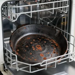 inside of a dishwasher, the dishwasher has one black iron skillet in the inside, the skillet is rusty, highly detailed, high quality, HD, 4k, 8k, Canon 300mm, professional photographer, 40mp, lifelike, top-rated, award winning, realistic, sharp, no blur, edited, corrected, trending