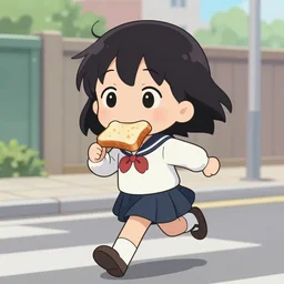 super chibi moe anime girl running down the street wearing a school uniform with toast in her mouth
