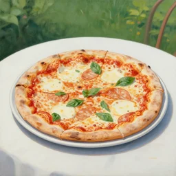 Modigliani painting of a pizza magaritha on a garden table