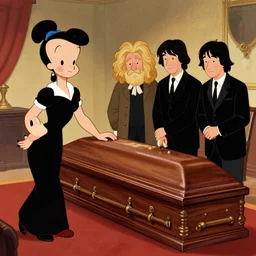 cartoon illustration of Olive Oyl (popeye's girlfriend) with isacc newton and john lennon watching a coffin at a wake, trending at artstation, trending at deviantart