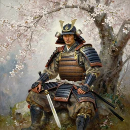 an oil painting of a male samurai warrior wearing armor while sitting under a cherry tree with white blossoms, greg rutkowski, edward robert hughes, tony sart