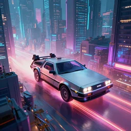 delorean in a cyberpunk city with skyscrapers, artstation award winner, digital art, volumetric lighting, neon colors, wide angle, octane render