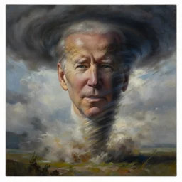 painting of Joe Biden swept up in a tornado, sharp focus, face focused, trending on ArtStation, masterpiece, by Greg Rutkowski, by Ross Tran, by Fenghua Zhong, octane, soft render, oil on canvas, moody lighting, high contrast, cinematic, pics that go hard, professional environmental concept art
