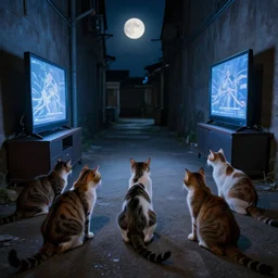 photo of a group of stray cats watching tv in a dark alley, studio lighting moonlit