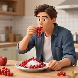 a man eats currants with sugar in a plate in the kitchen, hyper realistic, hyper detailed, cfg _ scale 3