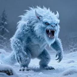 portrait of a frozen monster creature, in a snowy field, teeth, fantasy, highly detailed, cinematic lighting, digital art painting by greg rutkowski