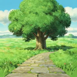 cute ash tree, stone walkpath landfield, animation matte painting by ghibli pixar studio miyazaki ghibli
