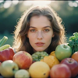 analog close up frontal face portrait photography of a beautiful woman surrounded by fruits and vegetables by annie leibovitz. vogue. kodak portra 8 0 0 film. ( depth of field ). whirl bokeh!!. golden hour. detailed. hq. realistic. warm light. muted colors. filmic. dreamy. lens flare. mamiya 7 ii, f / 1. 2, symmetrical balance, in - frame