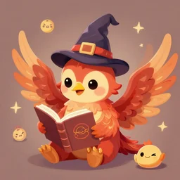 Cute chinese phoenix wearing a wizard\'s hat and reading a book, illustration, digital art, digital painting, trending on artstation