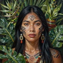 a beautiful portrait of a beautiful female shaman healer with tribal paintings surrounded by leaves of jungle plants, ayahuasca, spiritual, high detail painting, fantasy art, highly detailed, realistic face