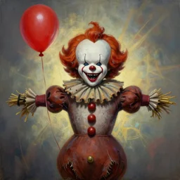 grunge painting of a scarecrow with a wide smile and a red balloon by chris leib, loony toons style, pennywise style, corpse bride style, horror theme, detailed, elegant, intricate, conceptual, volumetric light