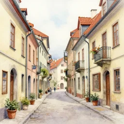 street in an old european town , very beautiful award-winning watercolor painting by a very talented artist, extremely detailed